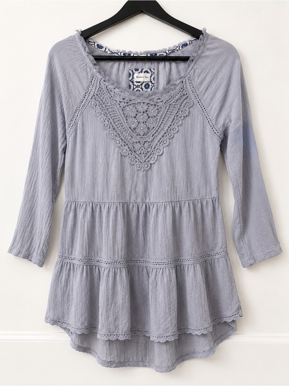 Meadow Rue Top Crinkle Gauze Crochet Lace Tiered XS Boho Peplum